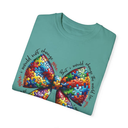 I Would Not Change You But I Would Change The World For You Shirt Autism Awareness Puzzle Bow T-Shirt