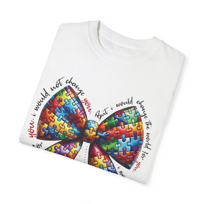 I Would Not Change You But I Would Change The World For You Shirt Autism Awareness Puzzle Bow T-Shirt
