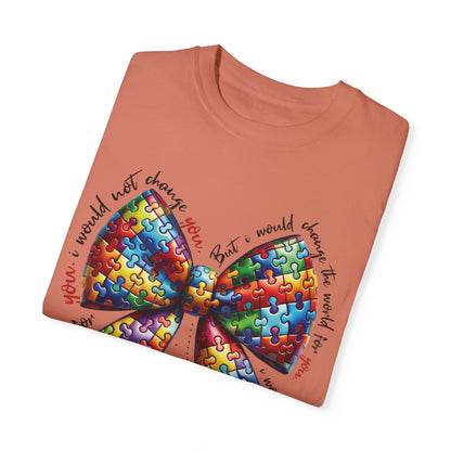 I Would Not Change You But I Would Change The World For You Shirt Autism Awareness Puzzle Bow T-Shirt
